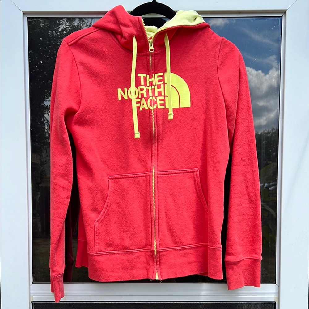 The North Face Coral Pink Hoodie with Yellow Details